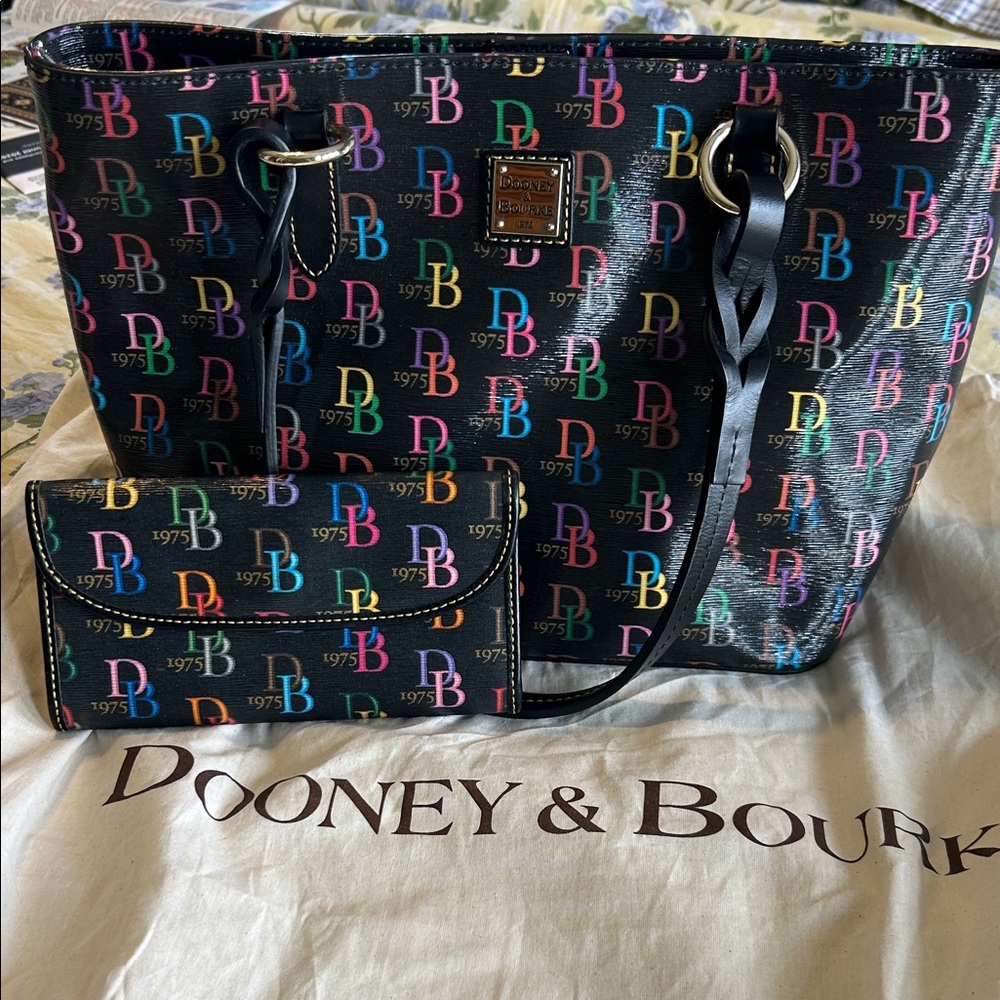 Dooney & Bourke Black Multicolor Logo Tote and wallet and dust  bag